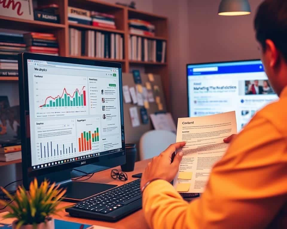 A detailed, vibrant scene showcasing content optimization best practices. In the foreground, a desktop computer displays a web analytics dashboard, data charts, and SEO keywords. In the middle ground, a person meticulously reviews and adjusts content elements - titles, descriptions, images, and links. The background features shelves of marketing and SEO resource books, a mood board with post-it notes, and a large monitor displaying search engine results. Warm, directional lighting accentuates the focused, analytical atmosphere. The overall composition conveys a professional, data-driven approach to content optimization.